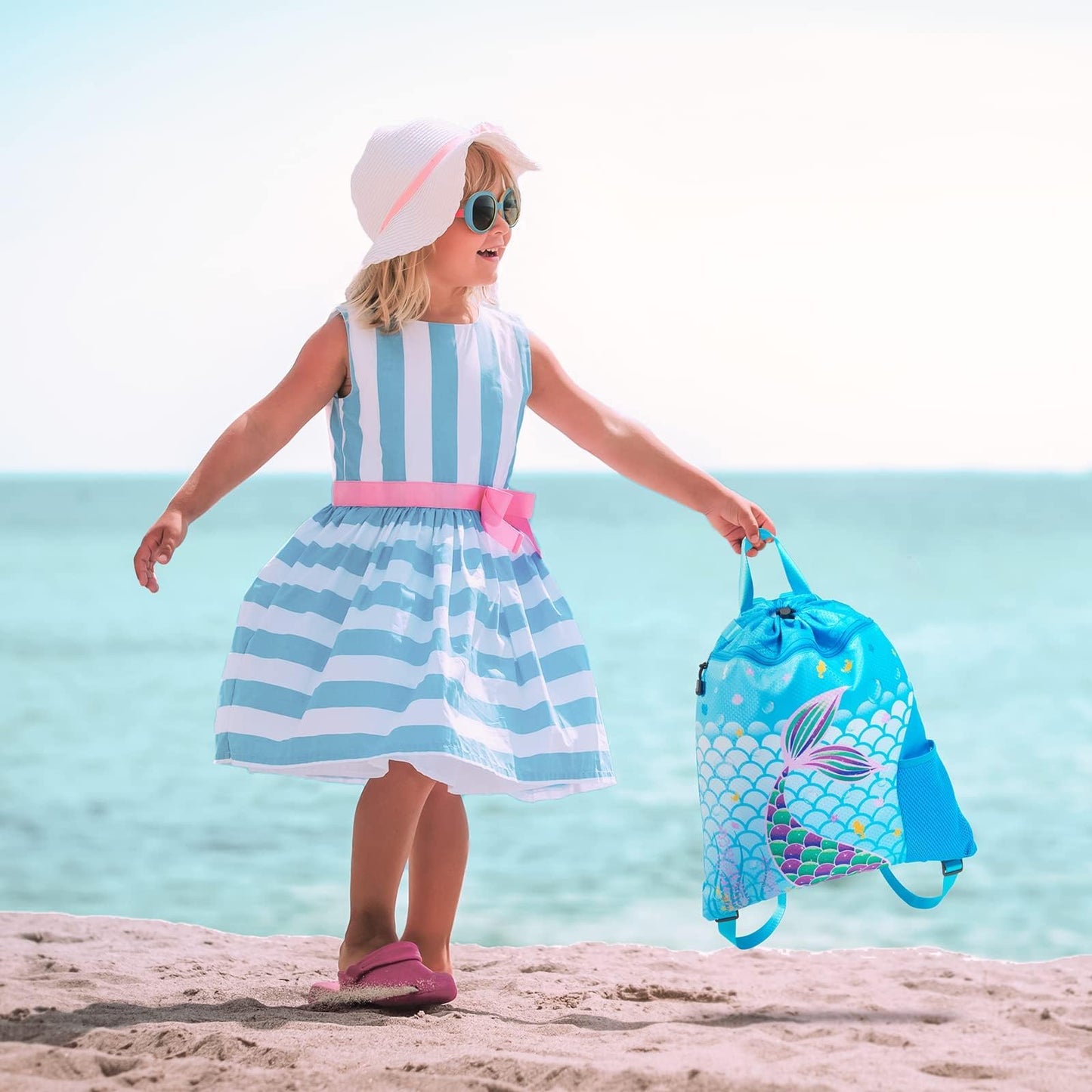 WAWSAM Drawstring Backpack for Kids, 15” × 17” Mermaid Gym Bag Cinch Bag for Girls Kids Waterproof Swim Beach Bag, Back to School Birthday Gift with Zippered Pocket and Bottle Pocket
