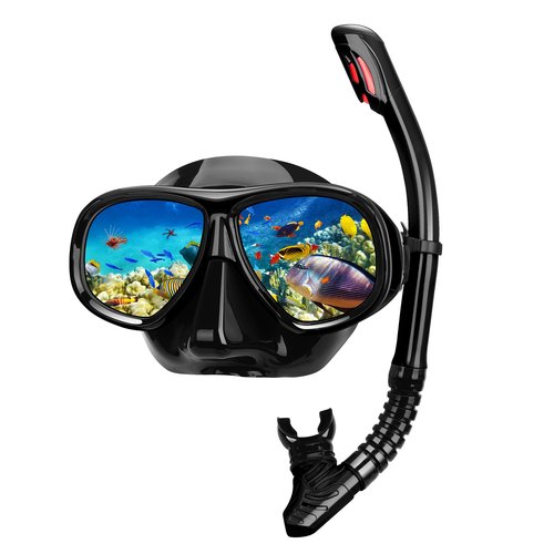 Snorkeling Gear for Adults, Snorkel Mask Adult Set Wide View Scuba Mask Anti-Leak and Anti-Fog Tempered Glass Lens Dry Top Mask Nose Cover for Youth (Black)
