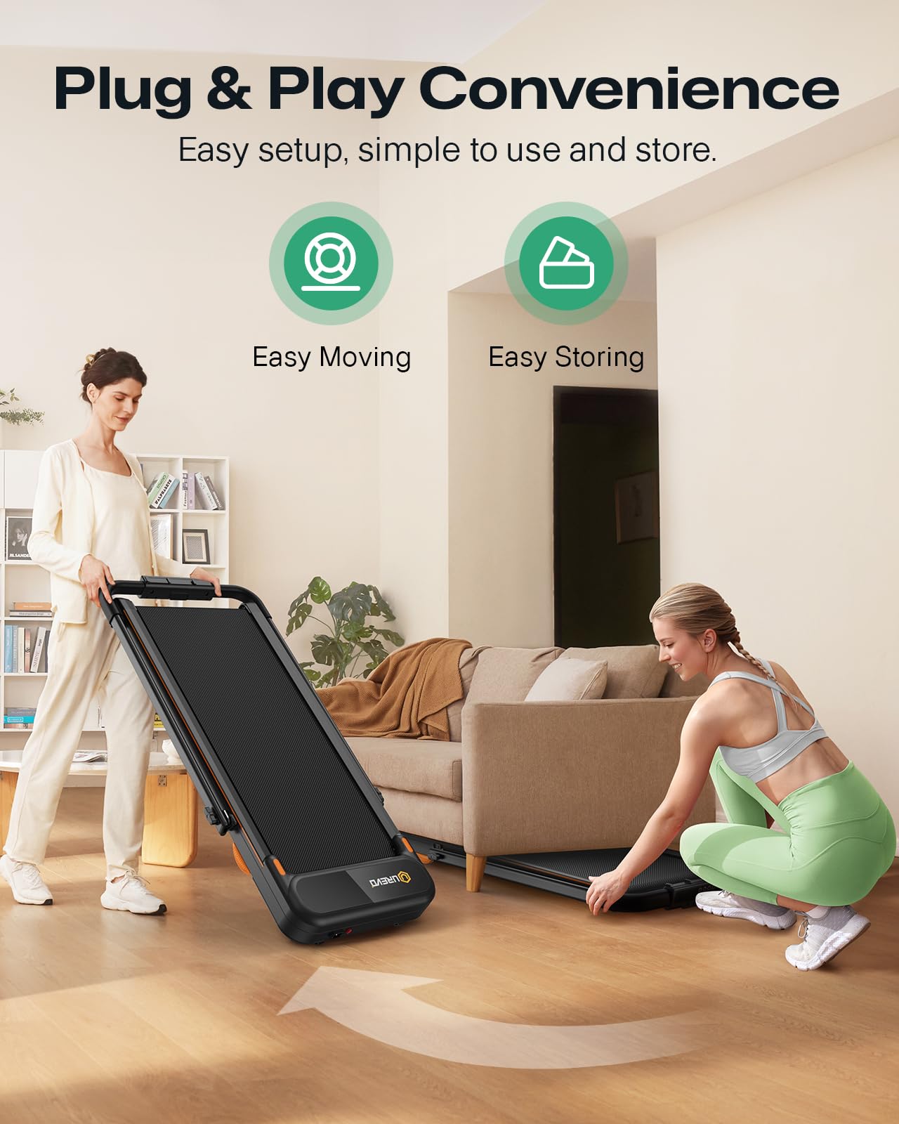 UREVO Strol 2E Smart 2-in-1 Folding Treadmill, Compact Walking Pad with Safety Handle, Plug and Play, Dual LED Display, Workout APP, Walking or Running for Home Office, Remote Included, Tangerine