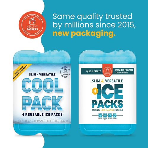 Healthy Packers Ice Packs for Lunch Boxes & Coolers - Freezer Packs - Original Cool Pack | Cooler Accessories for Beach, Camping & Fishing | Slim & Long-Lasting Reusable Ice Pack for Cooler (Set of 4)