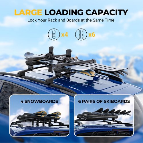 BougeRV Lockable Ski & Snowboard Racks, Extension with Sliding Feature, 28'' Fits 6 Pairs Skis or 4 Snowboards, Crab Mounting System Fits for Square/Aero/Oval Cross Bars (Black)