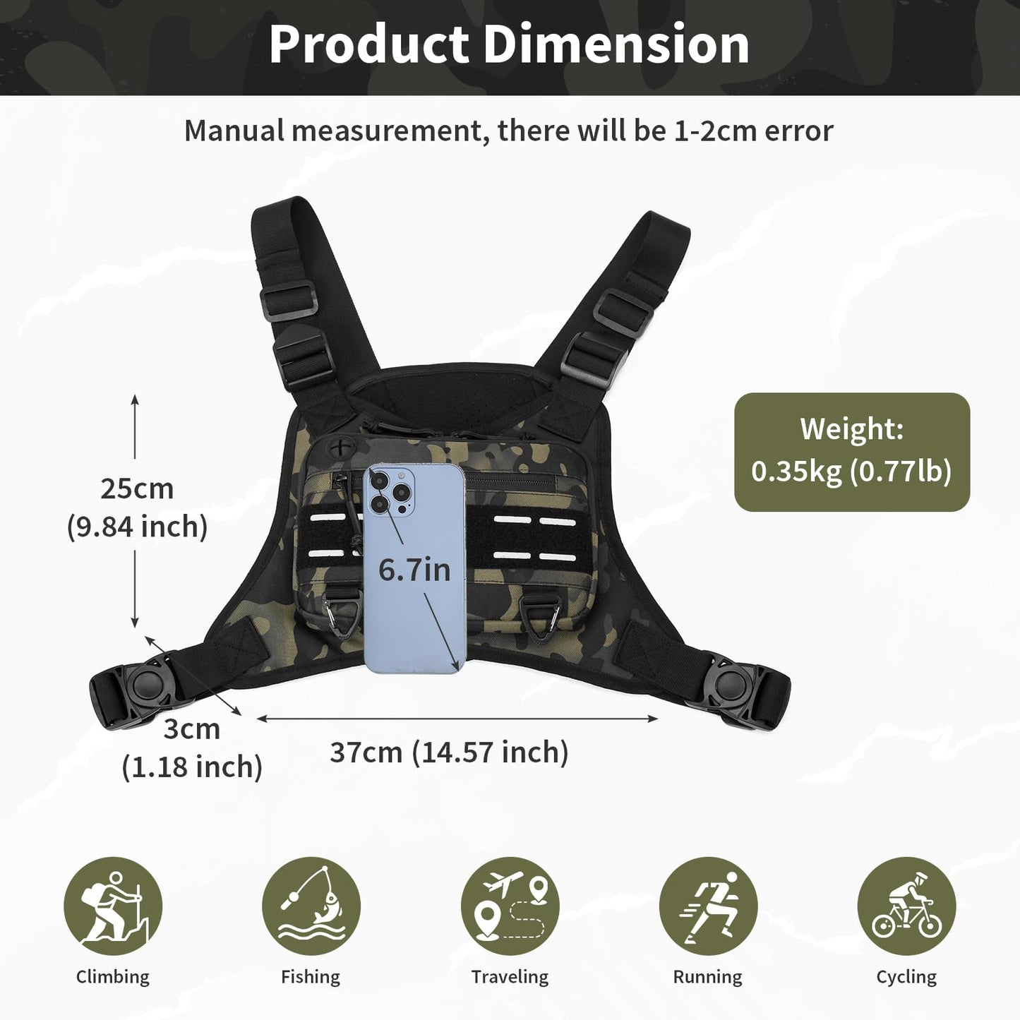 CamGo Tactical Outdoor Sports Chest Bag for Men, Molle EDC Vest Chest Pack for Sports Running Hiking Workout Black CP