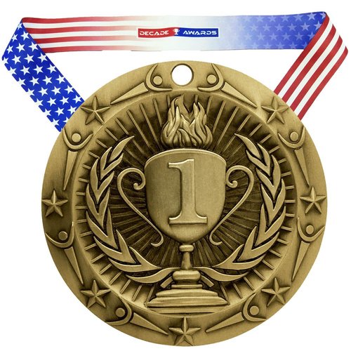 Decade Awards 1st Place Gold Medal - Large Medal | Olympic Award Medals with Stars & Stripes Neck Ribbon - Perfect for School Competitions, Kids, Students, Athletes & Scholars