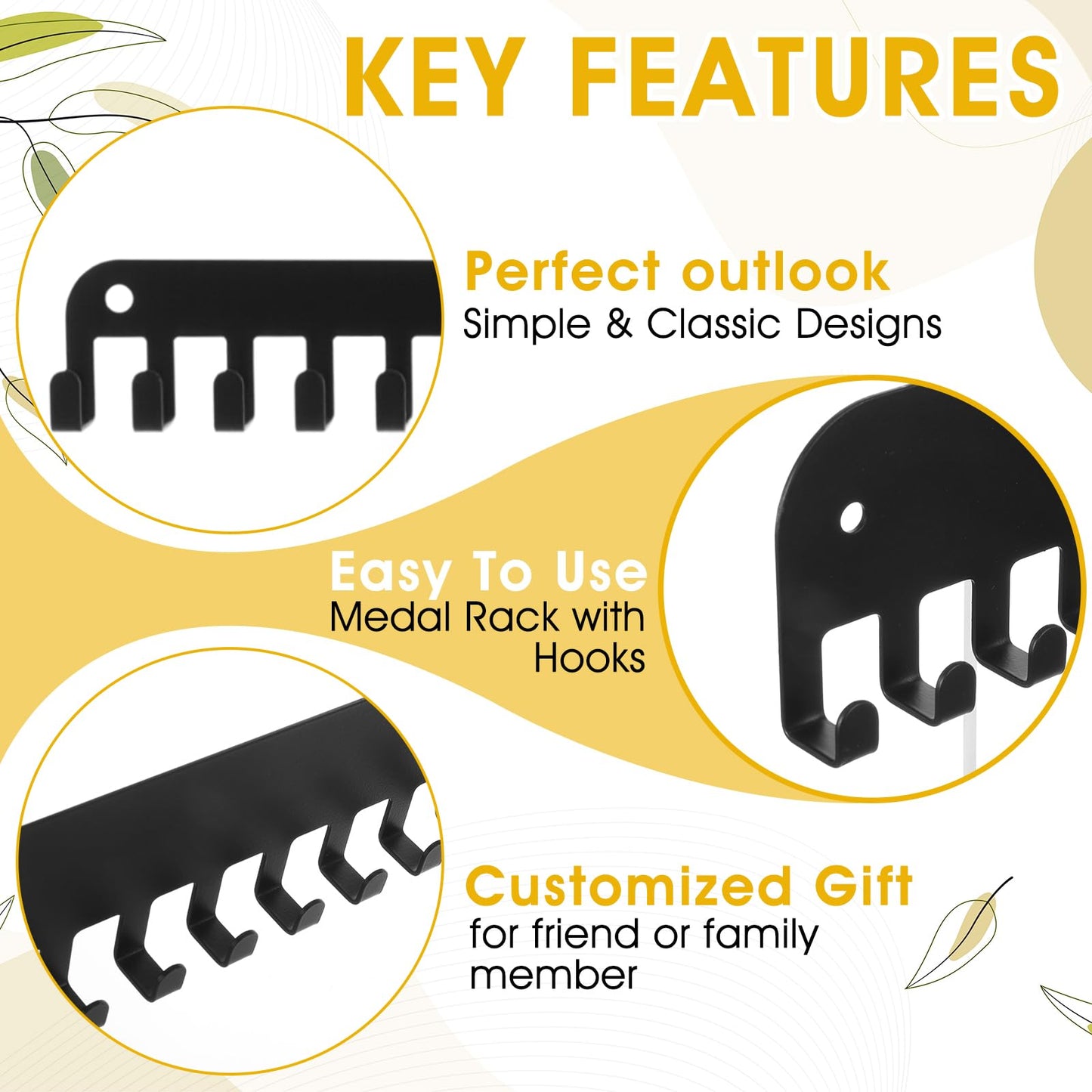 PercyEffie 4 Pack Medal Holder Hanger Display with 20 Hooks Wall Mounted Sport Metal Medal Display Hanger Rack for Running Marathon Gymnastics Soccer Wrestling Black