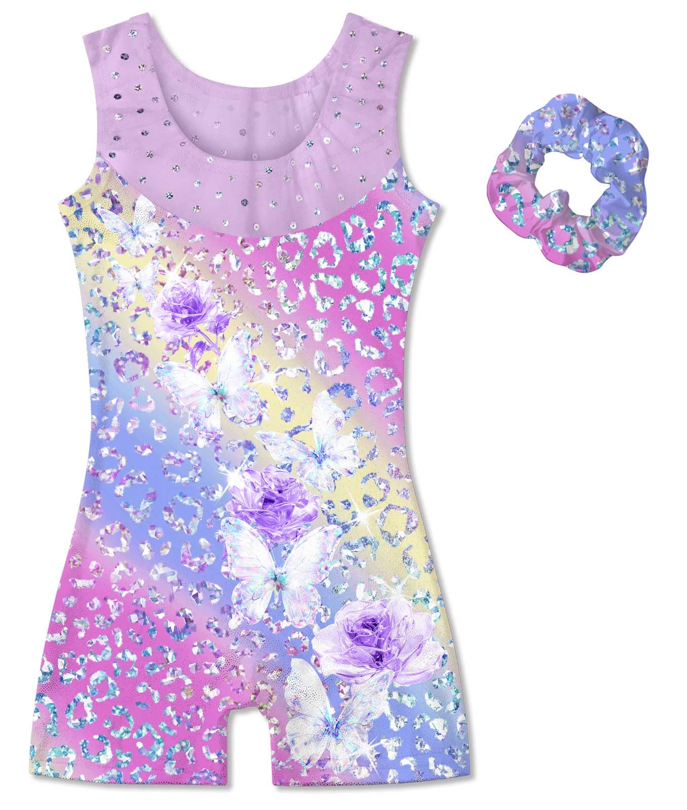 Belovecol Leotards for Girls Size 6-7 Gymnastics Sparkle Dance Biketards Unitards with Shorts Matching Hair Scrunchies,Butterfly Rose Leopard
