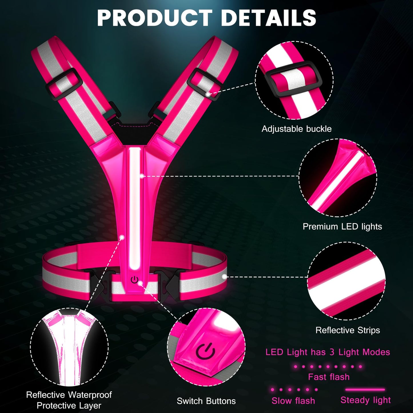 Fokia Kunbio LED Reflective Running Vest Gear,Light Up Vest Runners Night Walking USB Rechargeable,Up to 11hrs Light with Adjustable Waist/Shoulder for Women Men Kids (Pink)