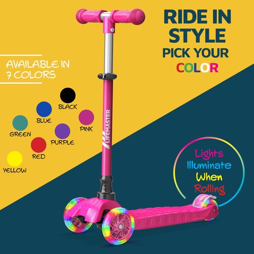 Lifemaster Kids Scooter – Children and Toddler 3 Wheel Kick Scooter – LED Wheel Lights Illuminate When Rolling– Adjustable Handlebar – Indoor and Outdoor Pink