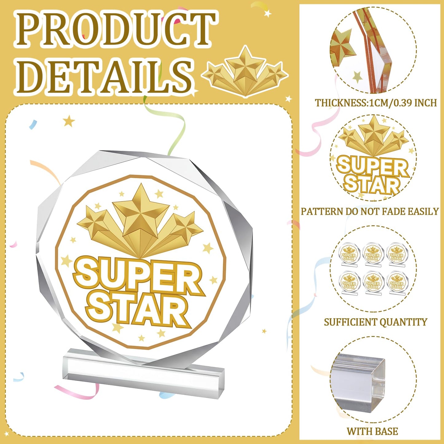CroBlissful 3/6 Pcs Trophy Award 4.72 x 4.72 Inches Acrylic Trophy Plaques Awards for Kids Adult Team Participation Gift Prizes(6 Pcs,Super Star)