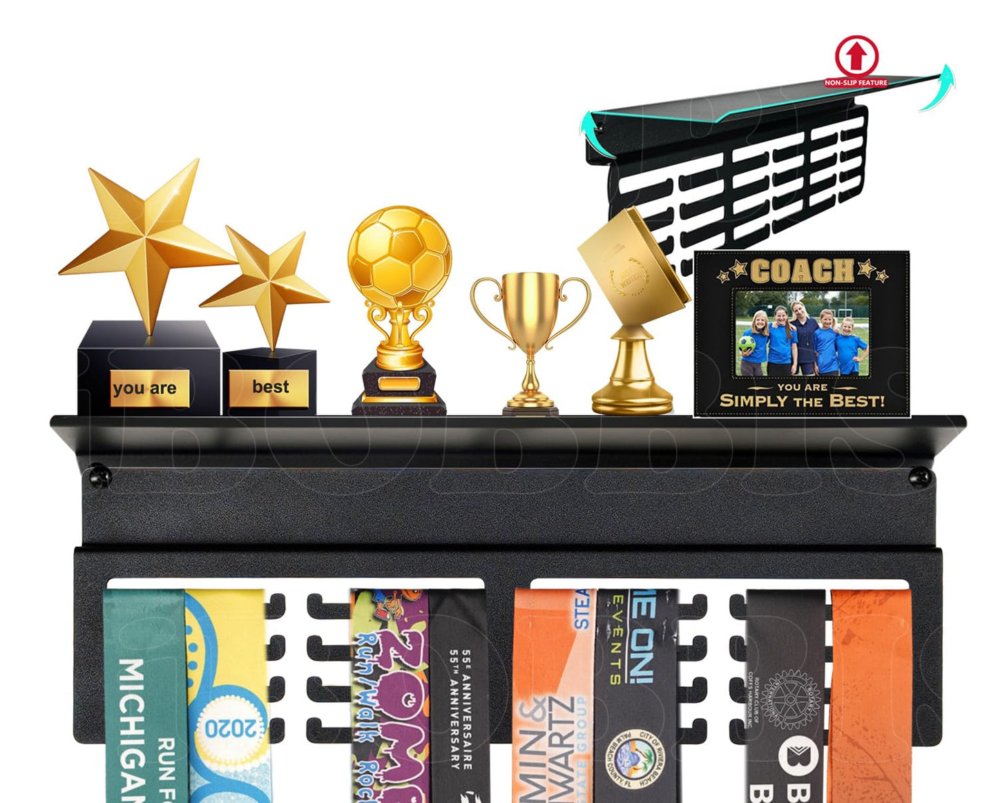 iBobbish Non-Slip Medal Hanger Display Trophy Shelf,Medal Hanger Display For Wall with 16inchL,Race Medal Display Upgraded Medal Holder Display For gymanstics,race,soccer,swim