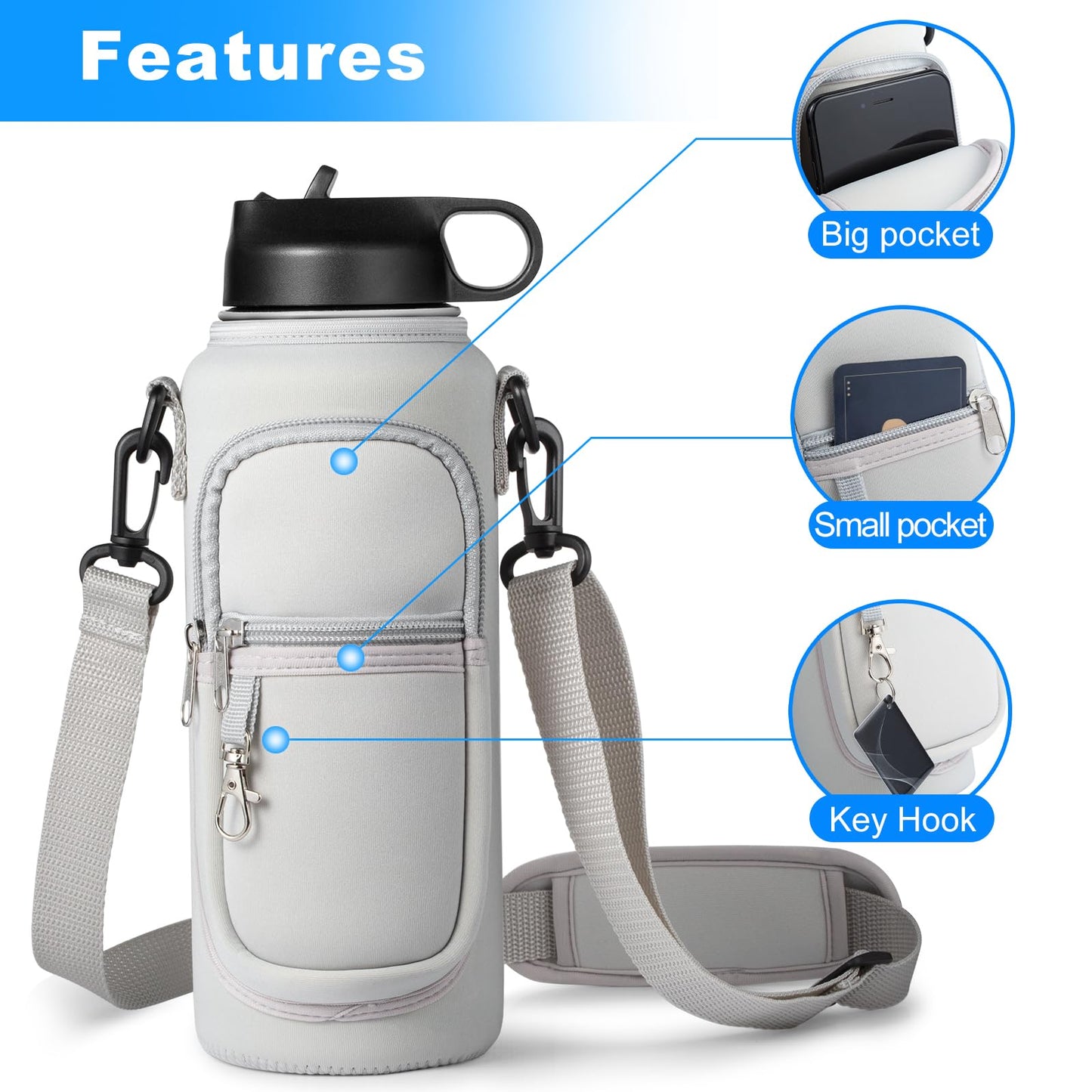 RRegeny Water Bottle Holder with Strap for Hydroflask 32oz 40oz, Carrier Sling Bag with Phone Pocket Sleeve for Men Women Hiking Camping Travelling