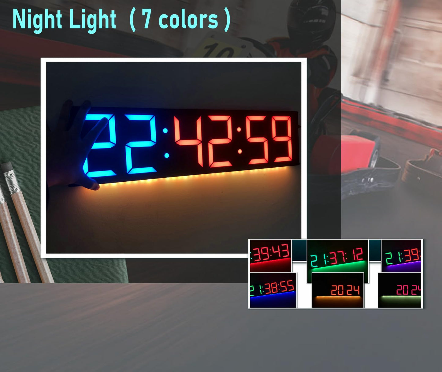 ETEBRG 26'' Huge Home Gym Interval Workout Timers, Digital Wall Clock, with Countdown, Stopwatch, 7-Color Light, 8-Alarms, Calendar/Temperature Display, for HIIT/Tabata/FGB/EMOM (Blue & Red)