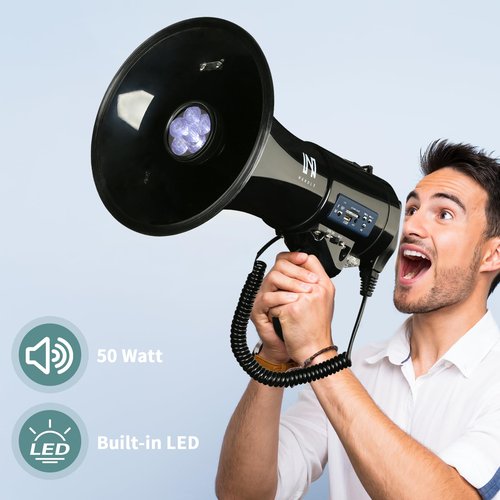 MGROLX 50w Megaphone with LED, Siren Alarm, 240s Recording & USB/3.5mm AUX/Bluetooth Input - Rechargeable Battery, for Police, Cheerleading, Outdoor(Black)