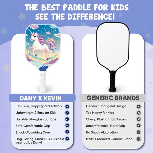 Dany x Kevin Kids Pickleball Paddle – Magical Unicorn Design for Ages 3–12 | Lightweight Fiberglass (0.37 lbs) | Small Grip for Easy Control | Fun Beginner Gift for Girls, Toddlers & Youth