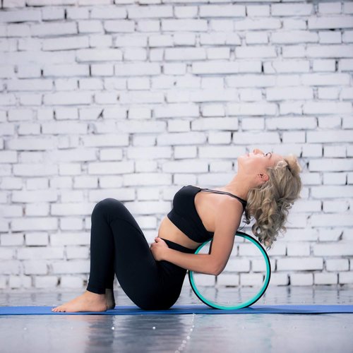 Yoga Wheel with Beginners Guide & Yoga Strap - Back Pain and Tension Relief. Comfy Roller for Stretching, Increase Flexibility. Home Exercise Kit. Ideal for Women Yogis. Improve your Posture.