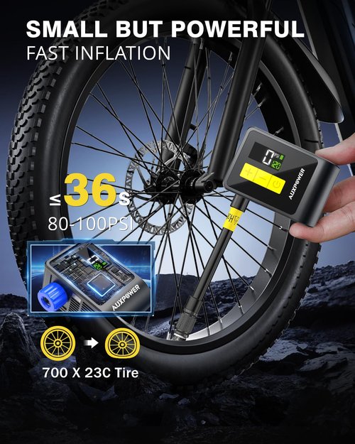 Auxpower Mini Bicycle Pump with Pressure Gauge, 120PSI Electric Portable Bike Pump with Presta and Schrader Valve, Auto Stop, Outdoor Bicycle Tire Pump for Road, Mountain, E-Bike and Sports Balls