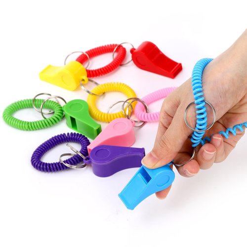 Hedume 30 Pcs Sport Whistle with Bracelet, 6 Colors Loud Plastic Whistles with Stretchable Coil Wrist Keychain Ring for Coaches, Referees, Officials, Birthday Party Gift, Emergency Training