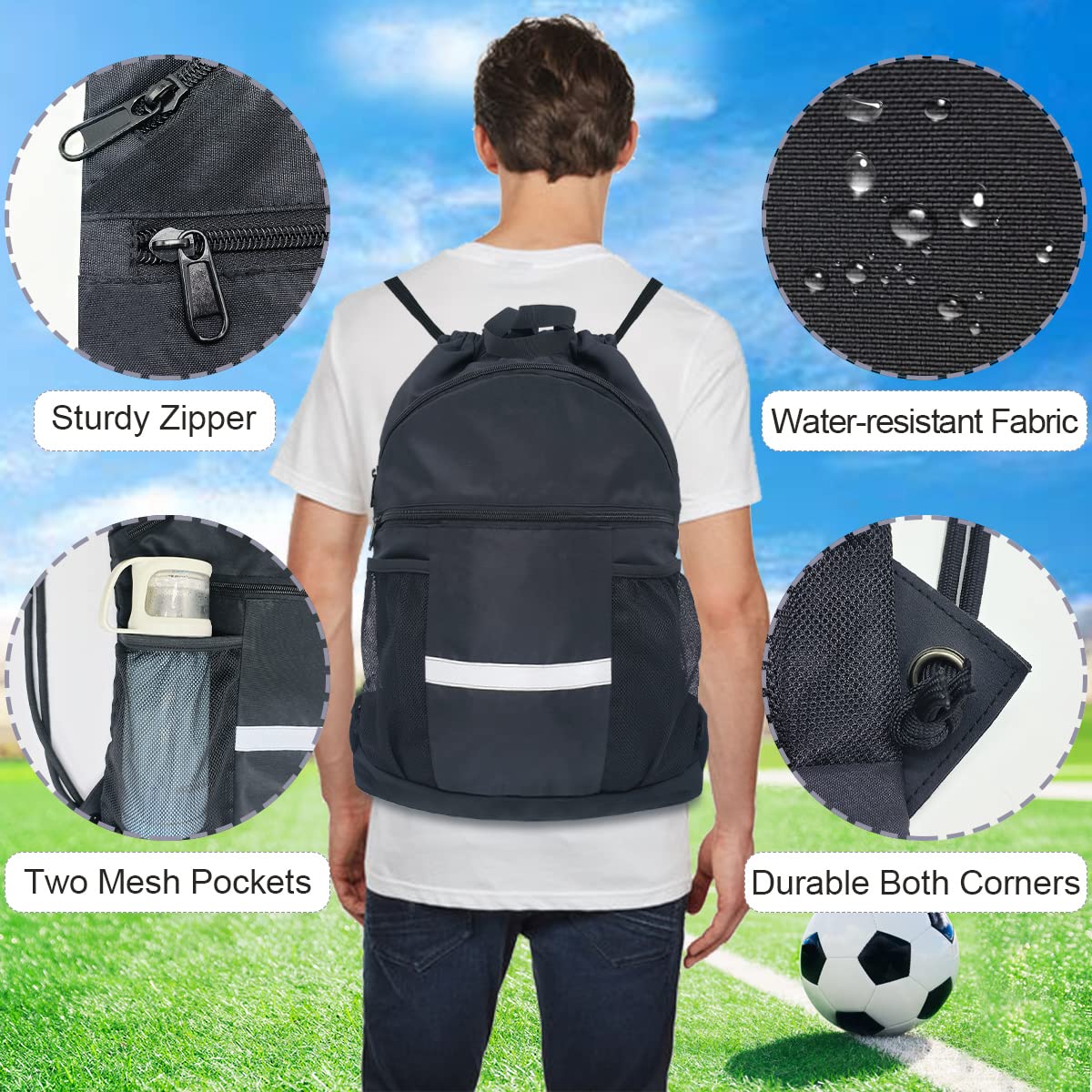 CALACH Drawstring Backpack Sports Gym Bag with Shoe Compartment, X-Large String Bag for Women Men with Zipper Pockets and Mesh Pockets (Black)