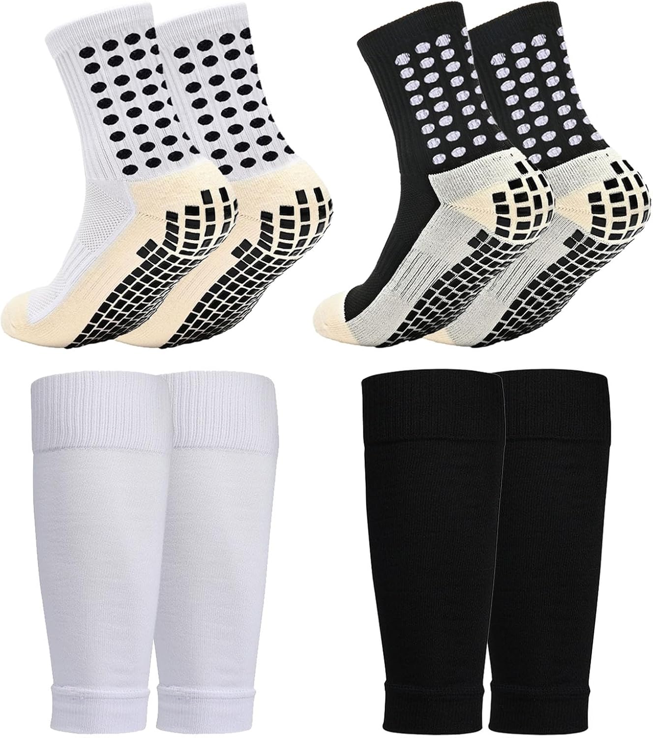 2/4 Sets Youth Grip Soccer Socks with Shin Guard Sleeves Kids Sleeve Socks for Boys Girls 7-14 for Soccer Basketball