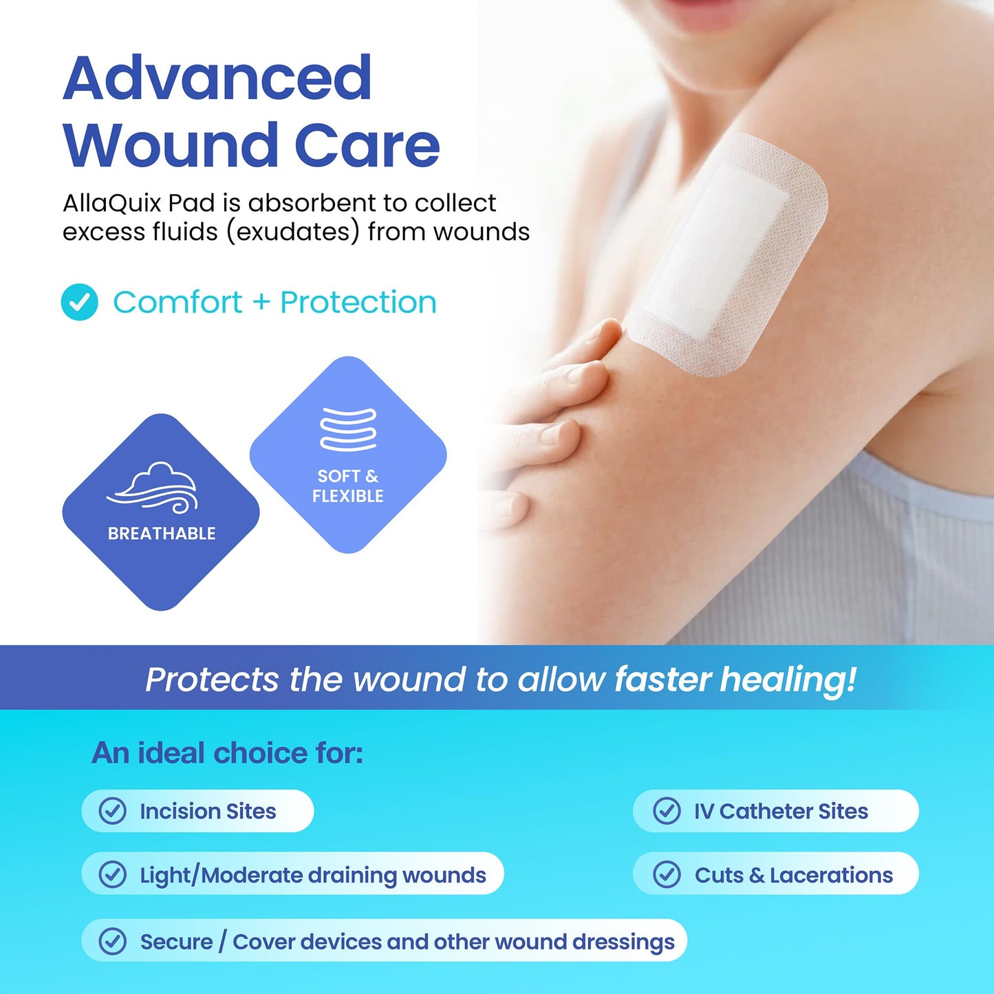 AllaQuix Basic Sterile Gauze Island Dressing 4"x8" Adhesive Border Pads (25 Count) – Non-Stick Wound Dressing for Surgical Aftercare, Incisions, Large Cuts, First Aid, and Light Draining Wounds