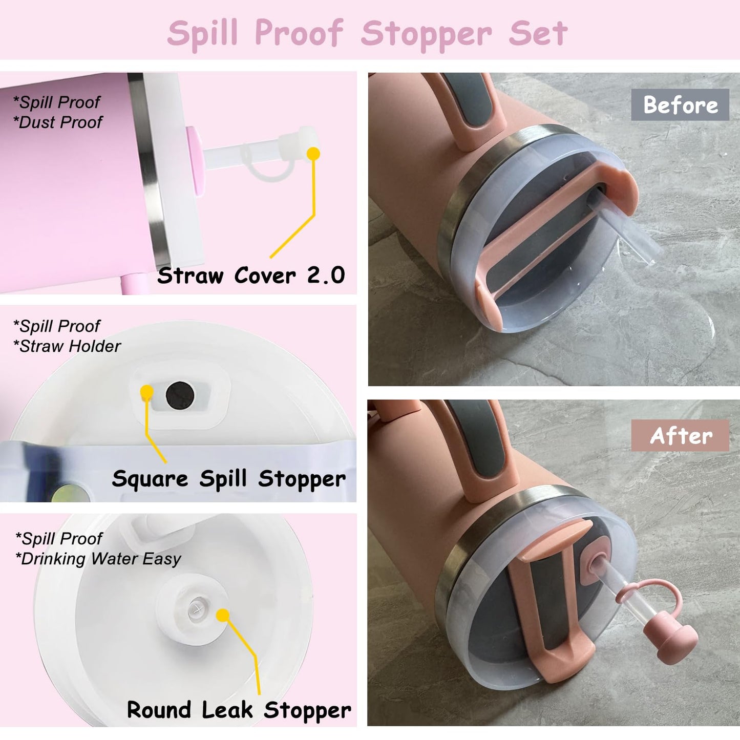 Stanley Cup Accessories Set,Including 2 Pcs 0.4in Straw Cover, 1 Silicone Spill-Proof Stopper Set of 3, 1 Cute Flower Handle Charm, 1 Silicone Boot Fits Stanley 40&30 Oz Tumbler (Lavender Pink)