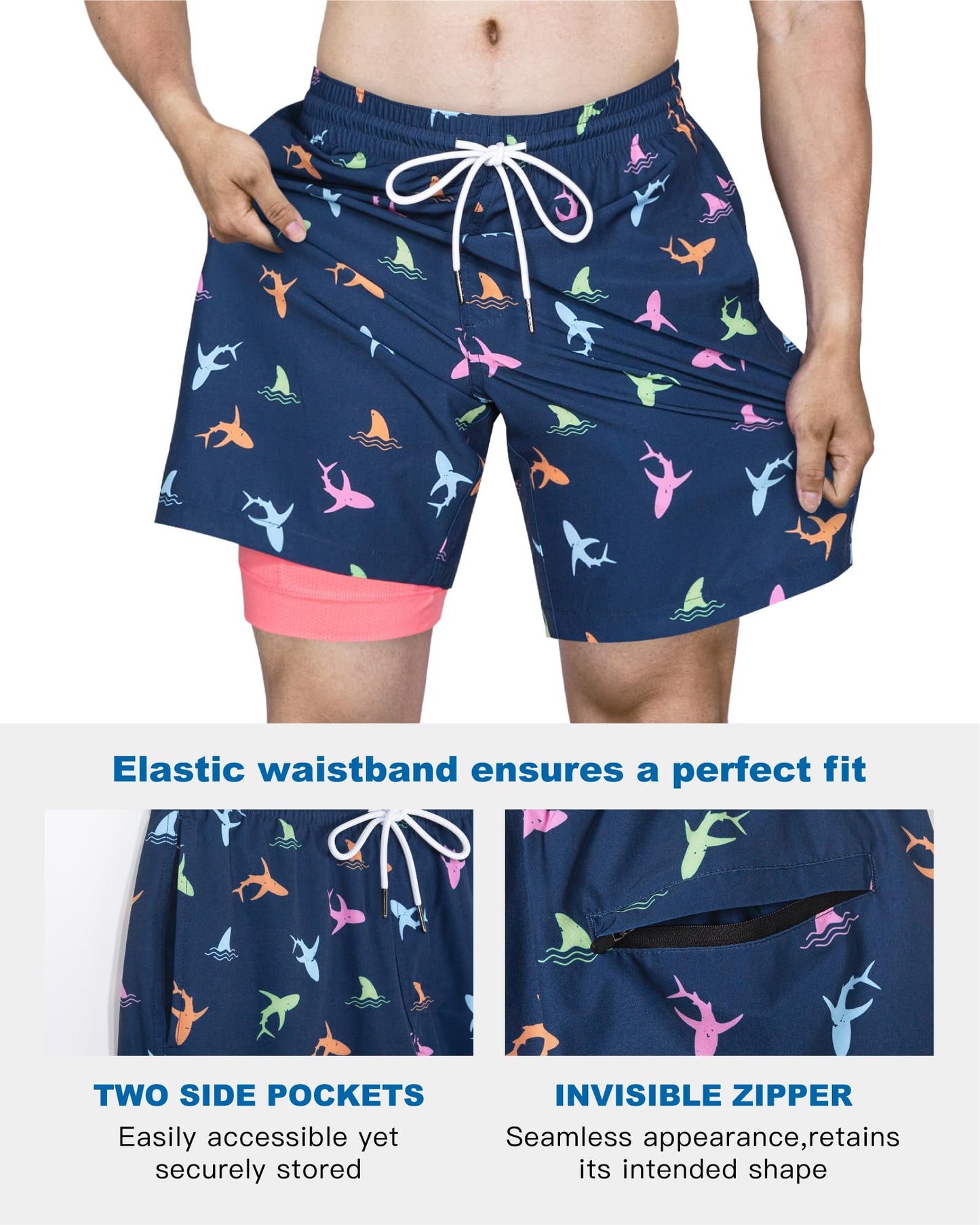 SURF CUZ Mens Swim Trunks with Compression Liner Quick Dry Swim Shorts 7" Swimming Trunks Stretch Bathing Suit 7 Inch,Aqua Triangle,L