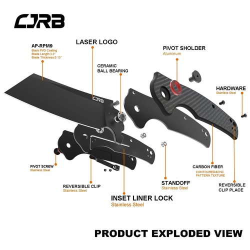 CJRB Crag Folding Pocket Knife, 3.43" AR-RPM9 Steel Blade Carbon Fiber Handle EDC Knife with Pocket Clip for Men Women Camping Survival Hiking, Black (J1904)