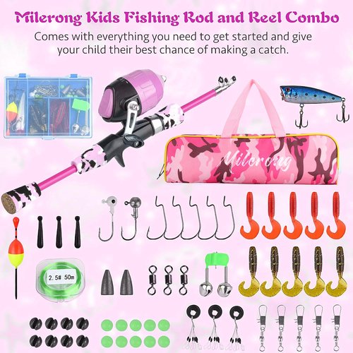 Milerong Kids Fishing Rod, Kids Toys Fishing Pole Portable Telescopic Fishing Rod and Reel Combo Kit for Boys, Girls, Youth - with Spincast Fishing Reel, Fishing Tackles, Lures, Fishing Lines [Pink]
