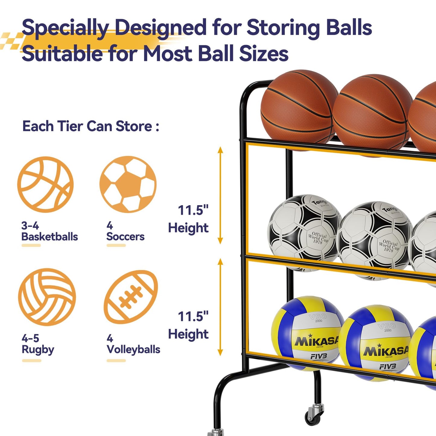 MWQ Basketball Rack 3 Tier, Rolling Sport Equipment Holder Ball Storage Cart for Basketball, Football and Soccer, Suitable for Indoor and Outdoor, Black