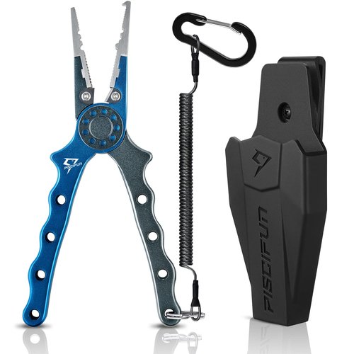 Piscifun Fishing Pliers - Saltwater & Fly Fishing with Hook Remover, Braid Cutters, Sheath & Lanyard - Blue
