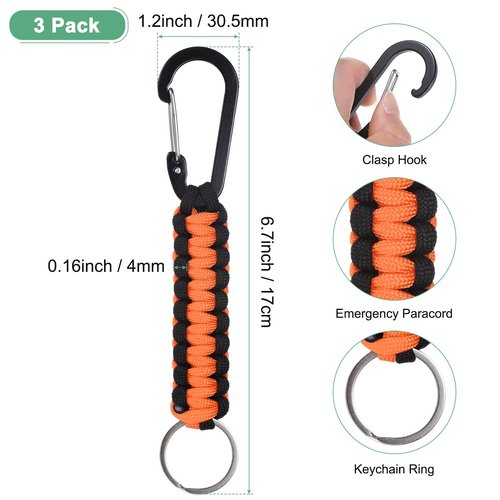 M METERXITY 3-Pack Braided Paracord Keychain with Clips, 6.7 Inch Paracord Lanyard Clips Durable Hanger Hook for Backpacks Water Bottle for Camping/Hiking/Fishing/Traveling [Orange and Black]