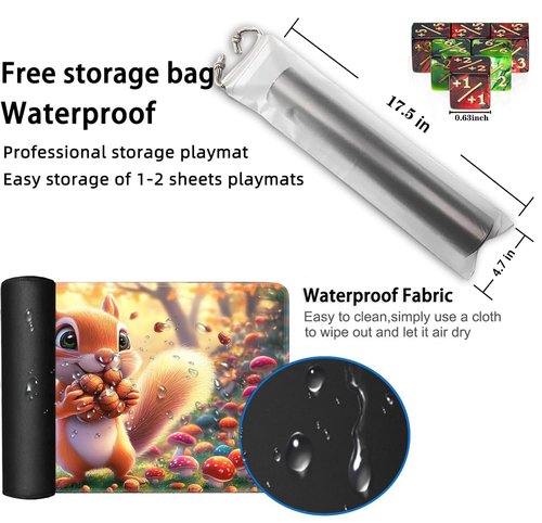 for MTG Playmat, Card Game Mat with Non-Slip Rubber Base and Stitched Edges, 24 x 14 in for DND and for TCG Play Mat with Storage Bag and 6 Dice, Squirrel with Acorns Pattern Board Game Pad