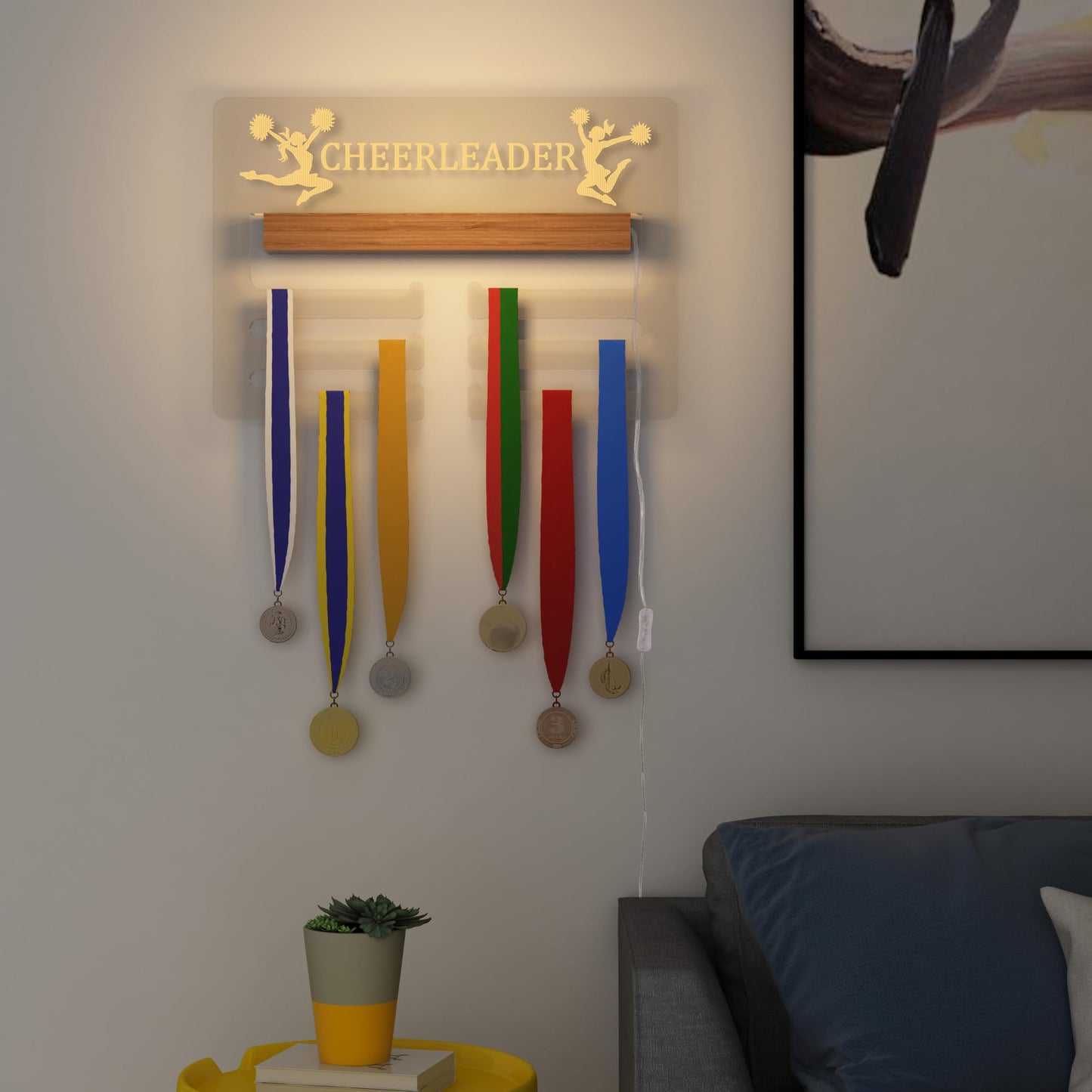 Ammonite Light up Cheerleader Medal Hanger Display, Holder Rack for Awards or Ribbons, Sports Themed Ribbon Holder for Wall, Tiered Award Rack