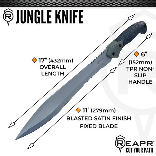 Reapr TAC Jungle Knife – 11″ Fixed Blade with Partial Serrations, Non‑Slip Grip & Belt Sheath