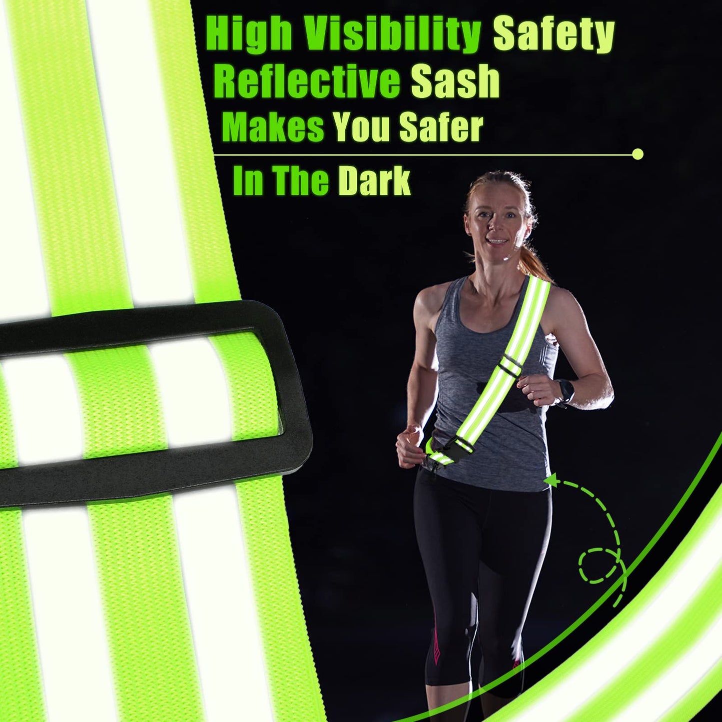 Saintrygo 2 Pieces Reflective Sash for Walking at Night Running Gear Safety Reflective High Visibility Jacket Adjustable Sash for Walking Cycling at Night (Fluorescent Green,Black)