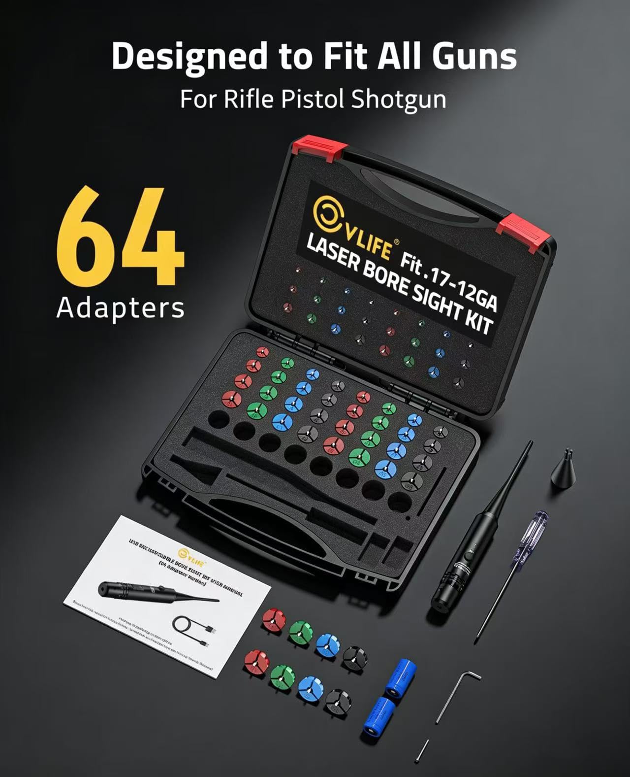 CVLIFE Bore Sight Laser Kit with 64 Adapters fit 0.17 to 12GA Calibers, Professional Green Laser Boresighter Kit for All Gun, Multiple Caliber Bore Laser Sighting Kit for Hunting Rifle Pistol Handgun