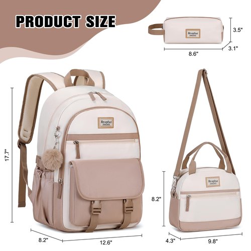 Bevalsa Backpack for Girls, School Backpacks for Girls, Kids Backpack with Lunch Box & Pencil Pouch for Teens Girl Kids Elementary Middle High School College Student Bookbag Daypack (Khaki Beige)