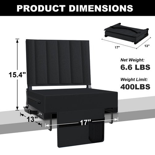 Aliphon Stadium Seat for Bleachers with Back Support and Cushion, Bleacher Seats with Shoulder Strap and Cup Holder, Padded Portable Folding Comfort Stadium Chair, for Sports Events, Black (2pcs)