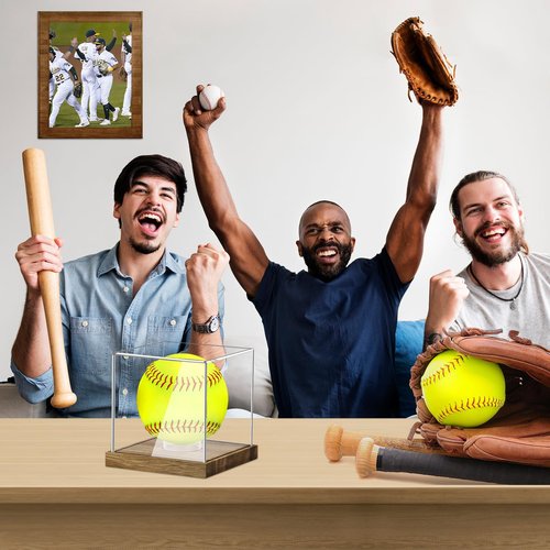 Hooqict Softball Display Case Clear Acrylic Ball Holder UV Protected with Wood Base Stand, Softball Case Display Box Championship Square Box for Golf Tennis Game Ball Baseball