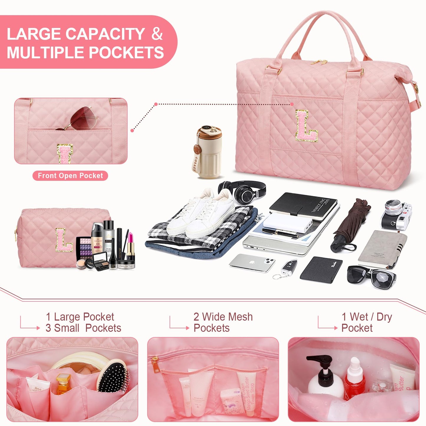 Gifts for Teen Girl, Initial Travel Duffle Bag, Personalized Women Weekender Overnight Bags, Gift for Daughter Kid Mom Friend College Girl Graduation Teacher（Pink,L)