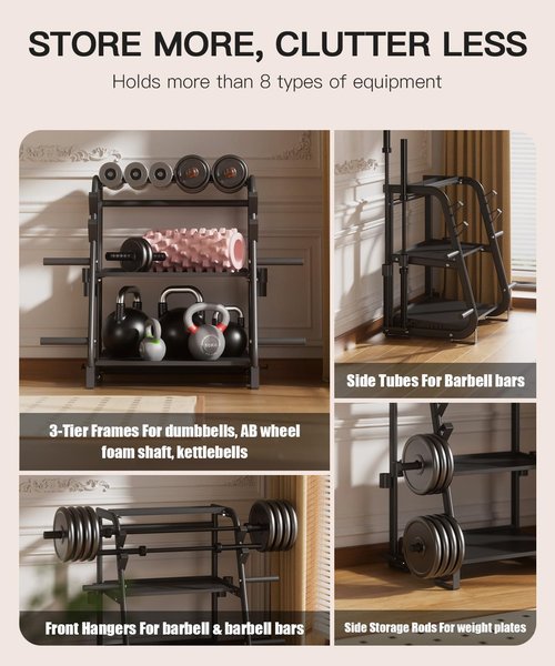 EOAT 3-Tier Dumbbell Rack Stand Only - 700LB Heavy Duty Weight Storage Organizer with Thickened Steel Tube, Adjustable Weight Stand for Dumbbells, Barbells, Kettlebells, Black/Beige