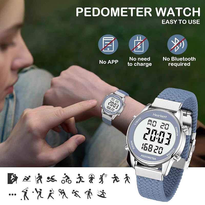 Hearkent Blue Pedometer Watch – Step, Mileage & Calorie Tracker, Large Digits