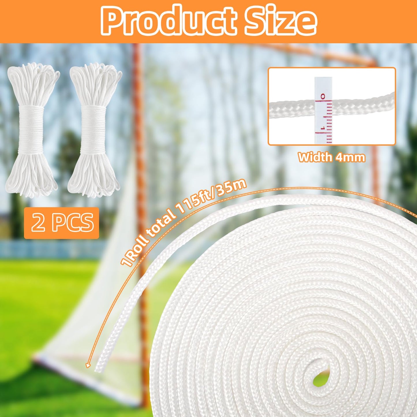 2 Pcs Lacrosse Goal Net Lacing Cord 115ft/35m Long, 4mm Thick, Lacrosse Net Rope for Lacrosse Hockey Soccer Backstop Cage Net Backyard Collegiate High School Youth, Net Not Include