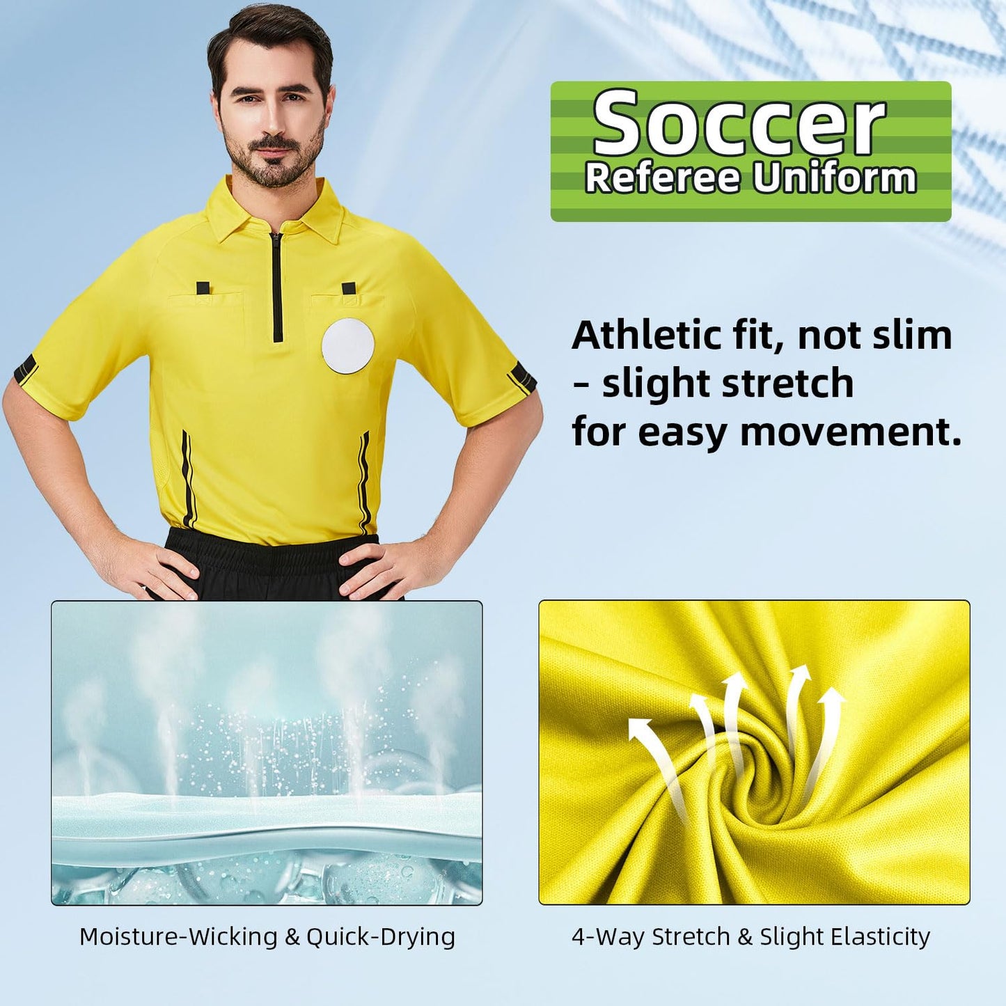 CUTIEHON Soccer Referee Jersey, Short Sleeve Official Pro Referee Shirt, Featuring a Badge Holder & Pockets Yellow