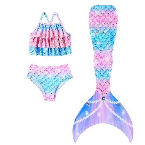 Mermaid Swimming Sets Kids Bathing Suits Girls 3PCS Ruffle Top Bikini Bottoms Fish Tail Beach Pool Swimwear Girls Swimsuits Size 6 7 Colorful