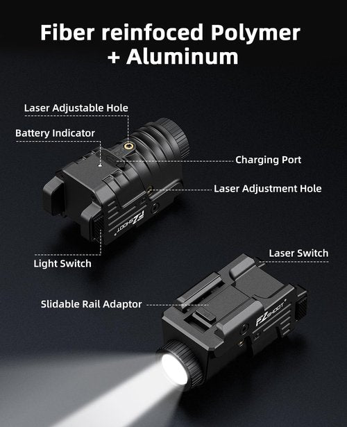 EZshoot 800 Lumens Pistol Light Laser Combo Rechargeable, Compact Pistol Flashlight with Slidable Rail Compatible with Glock and Picatinny Rail, Tactical Flashlight with Red Laser Beam
