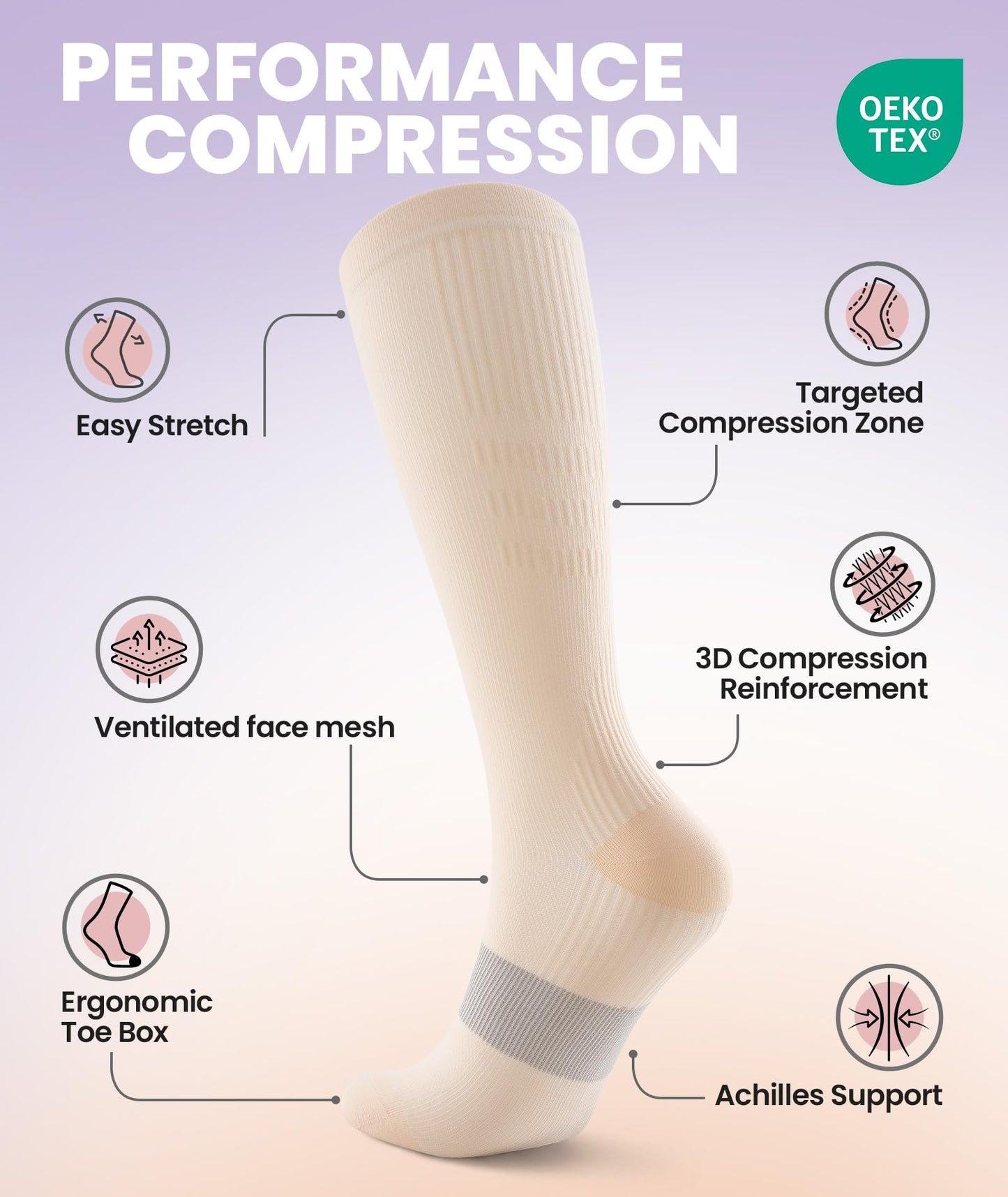 PULIOU Cooling Compression Socks for Women Men, 20-30 mmHg Circulation Knee High for Travel, Flying, Running, 2 Pairs(Beige,S-M