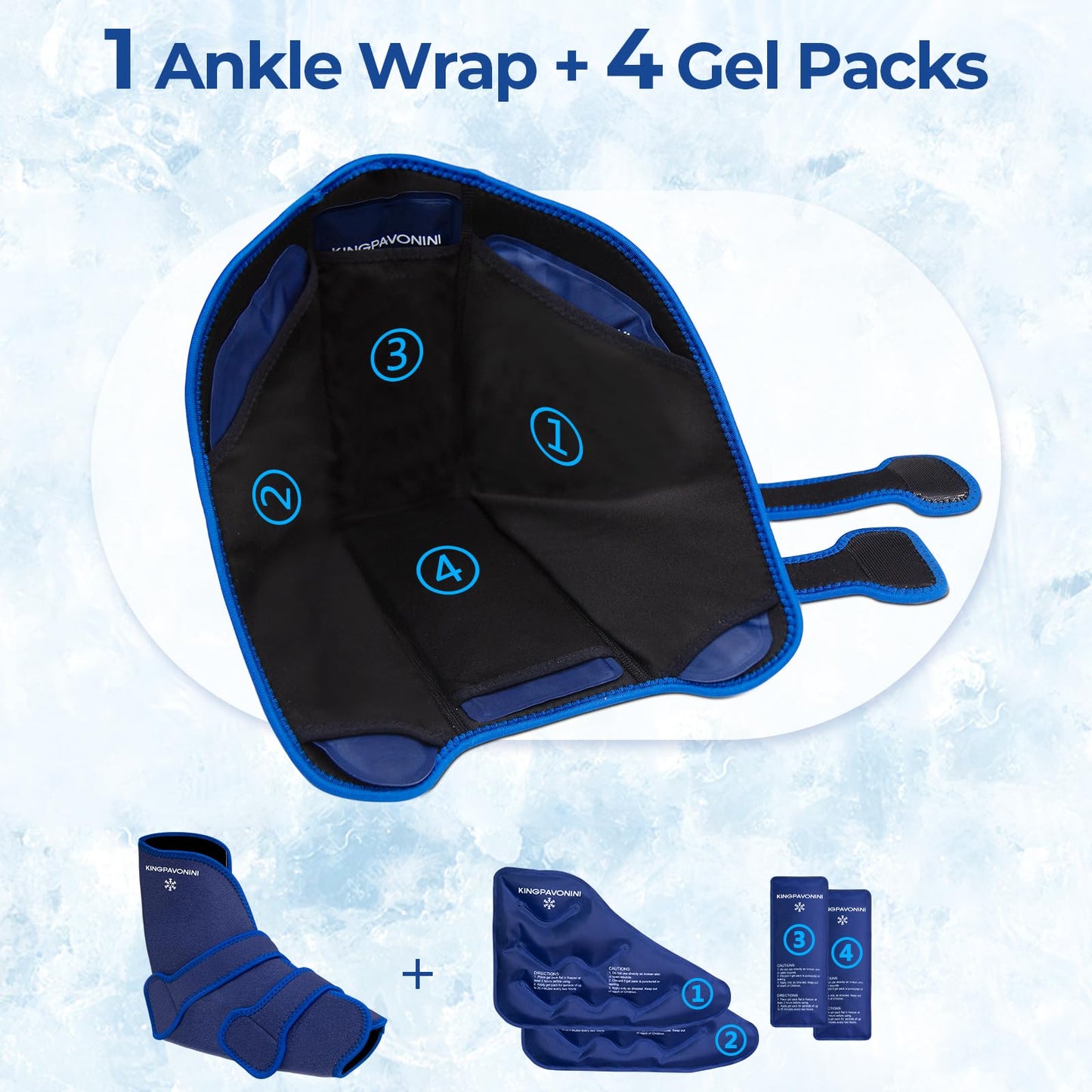 KingPavonini Ankle Foot Ice Pack Wrap for Sprained Ankle/Surgery Recovery, Reusable Gel Ice Packs for Feet Injuries, Plantar Fasciitis, Achilles Tendonitis, Hot/Cold Therapy, XL (1 Wrap+4 Gel Packs)