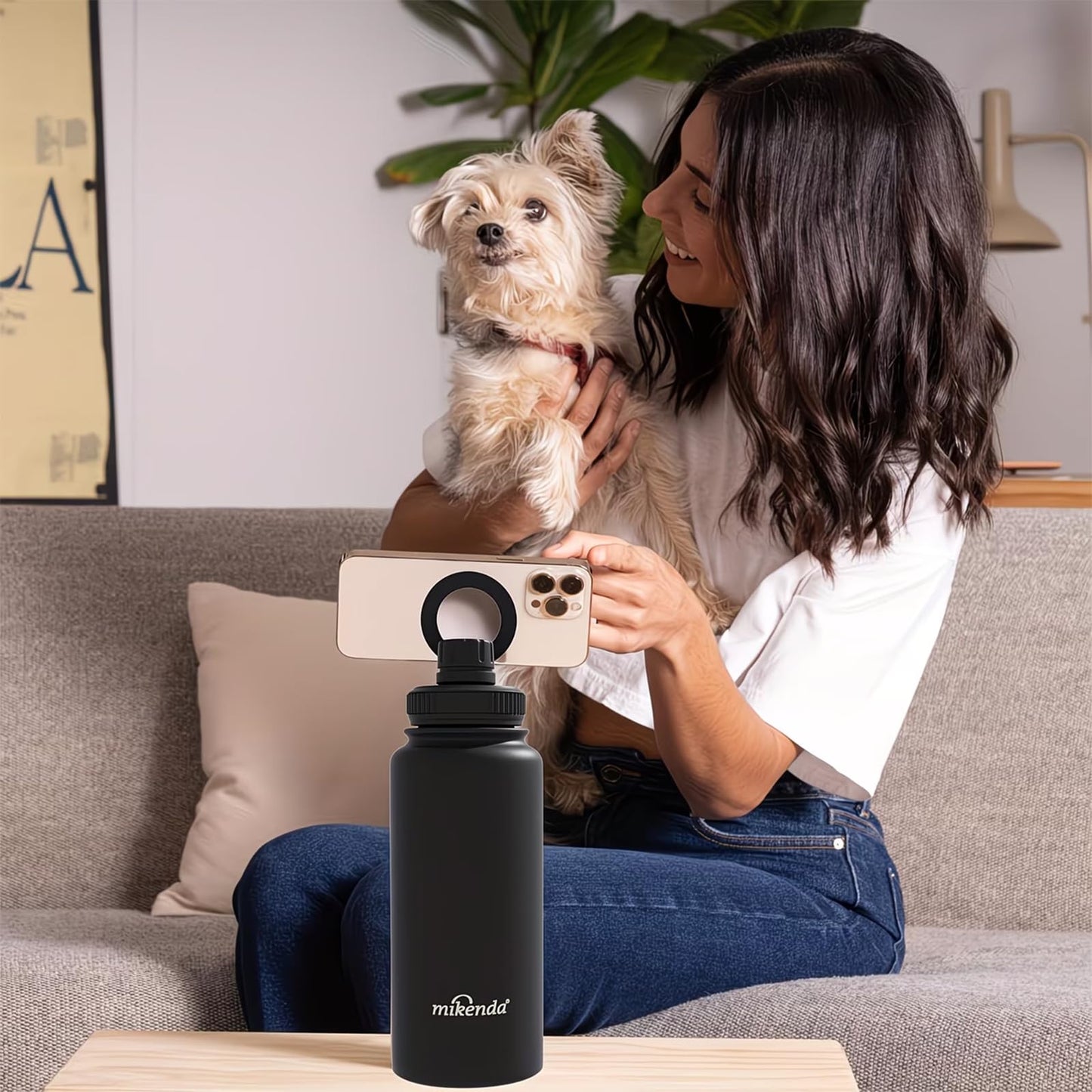 Mikenda 32oz Insulated Tumbler with Magnetic Phone Holder, Gym Water Bottle | Leak Proof Lid, 24hr Cold & 12hr Hot, Non-Slip Base | Travel Mug, Reusable & Eco-Friendly (black, 32, ounces)