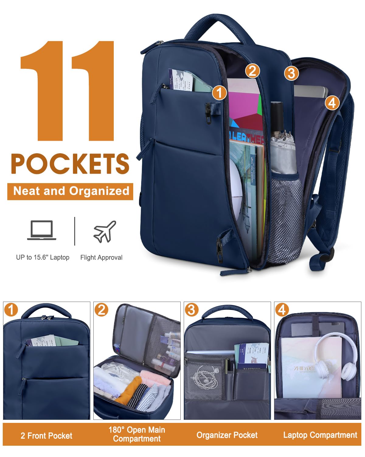 Capolo Travel Backpack for Women Men Waterproof Laptop Backpack Airlines Approved Carry On Backpack Bag Computer Bookbag for Business, Work, Traveling Fits 15.6 Inch Laptop(Dark Blue)