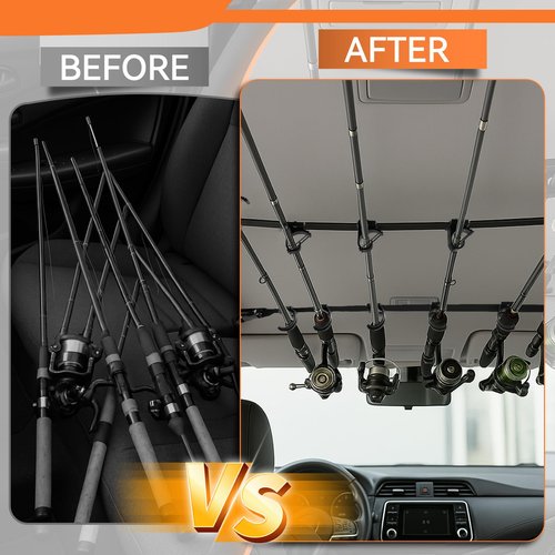 ZWPARTS 6-Rod Fishing Rod Holder for Car Roof - Heavy Duty Adjustable 30"-54" Nylon Rack with 12 Fishing Rod Clamps, Quick-Release Design, Fits SUV/Truck/Van